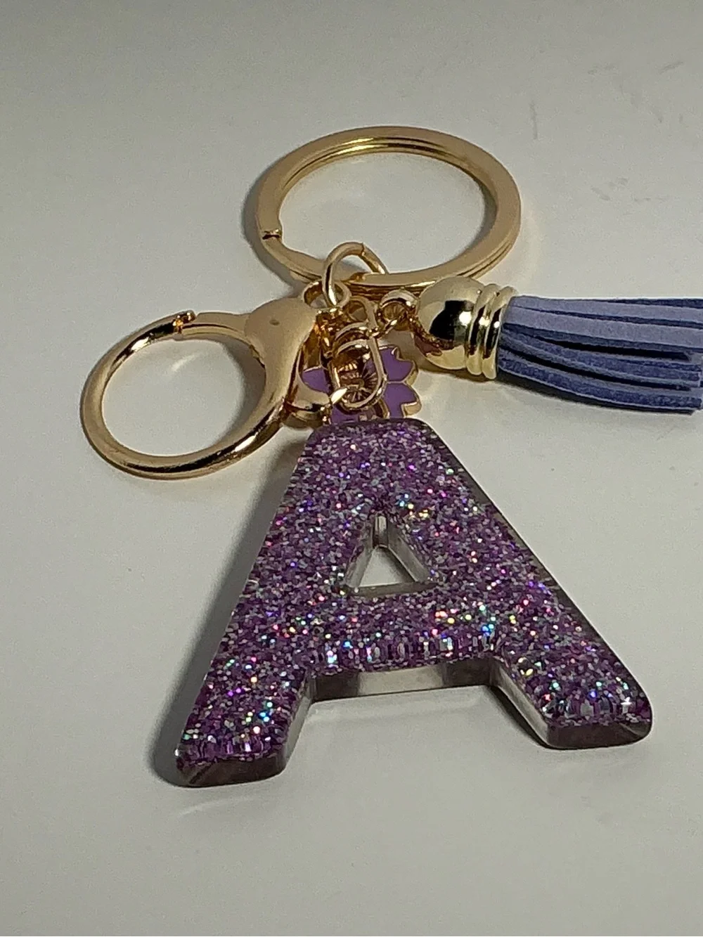 Purple Glitter 'A' Keychain with Tassel - Women's Accessory